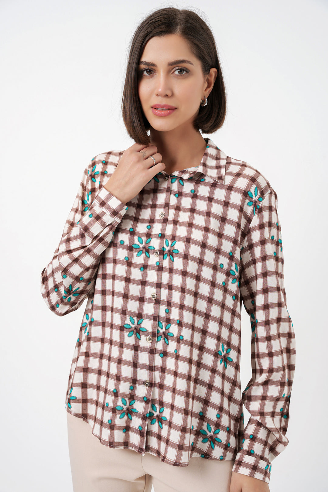 BGD Women Kadın Desenli Oversize Viskon Gömlek 20371 - Kahverengi - Belfort