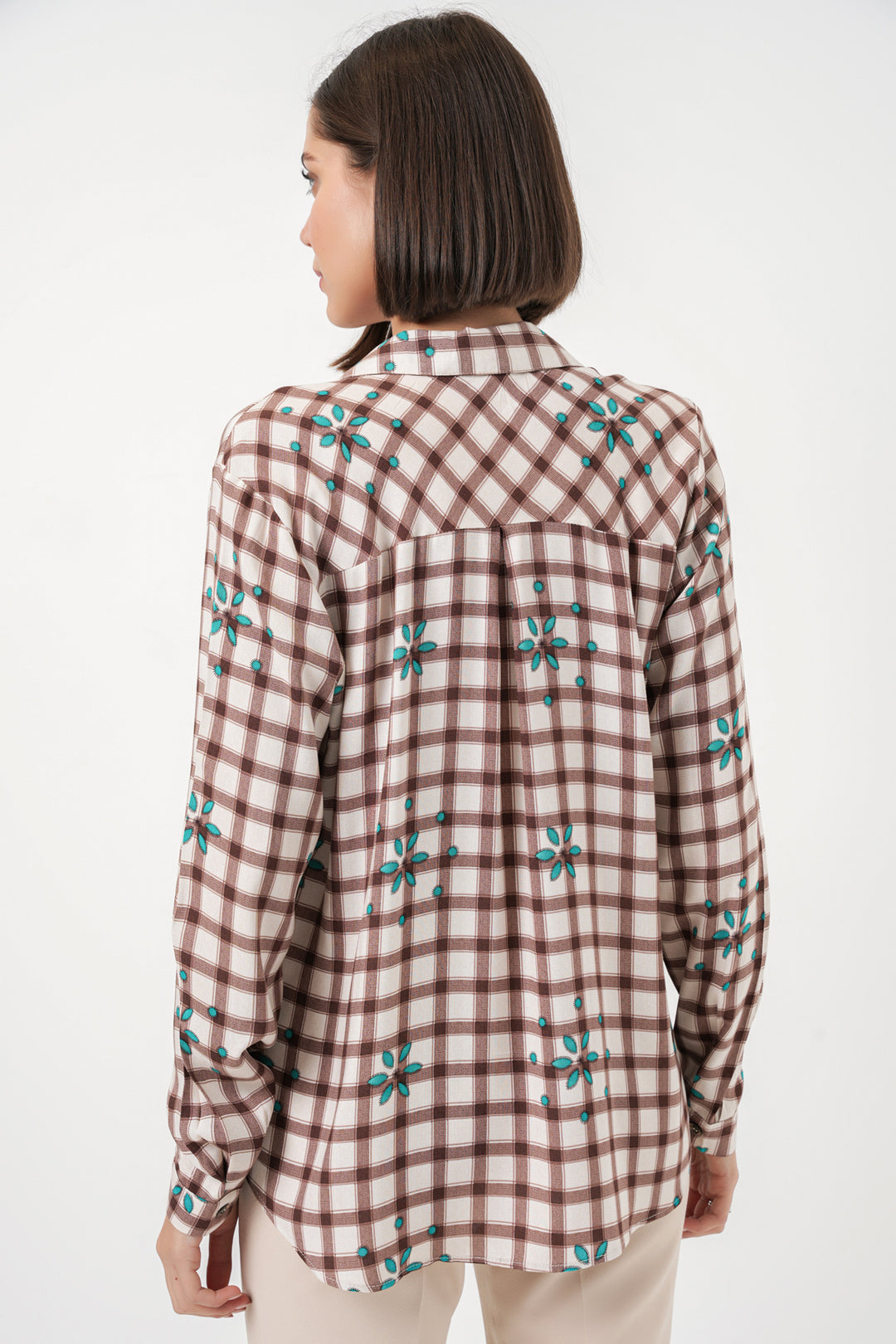 BGD Women Kadın Desenli Oversize Viskon Gömlek 20371 - Kahverengi - Belfort
