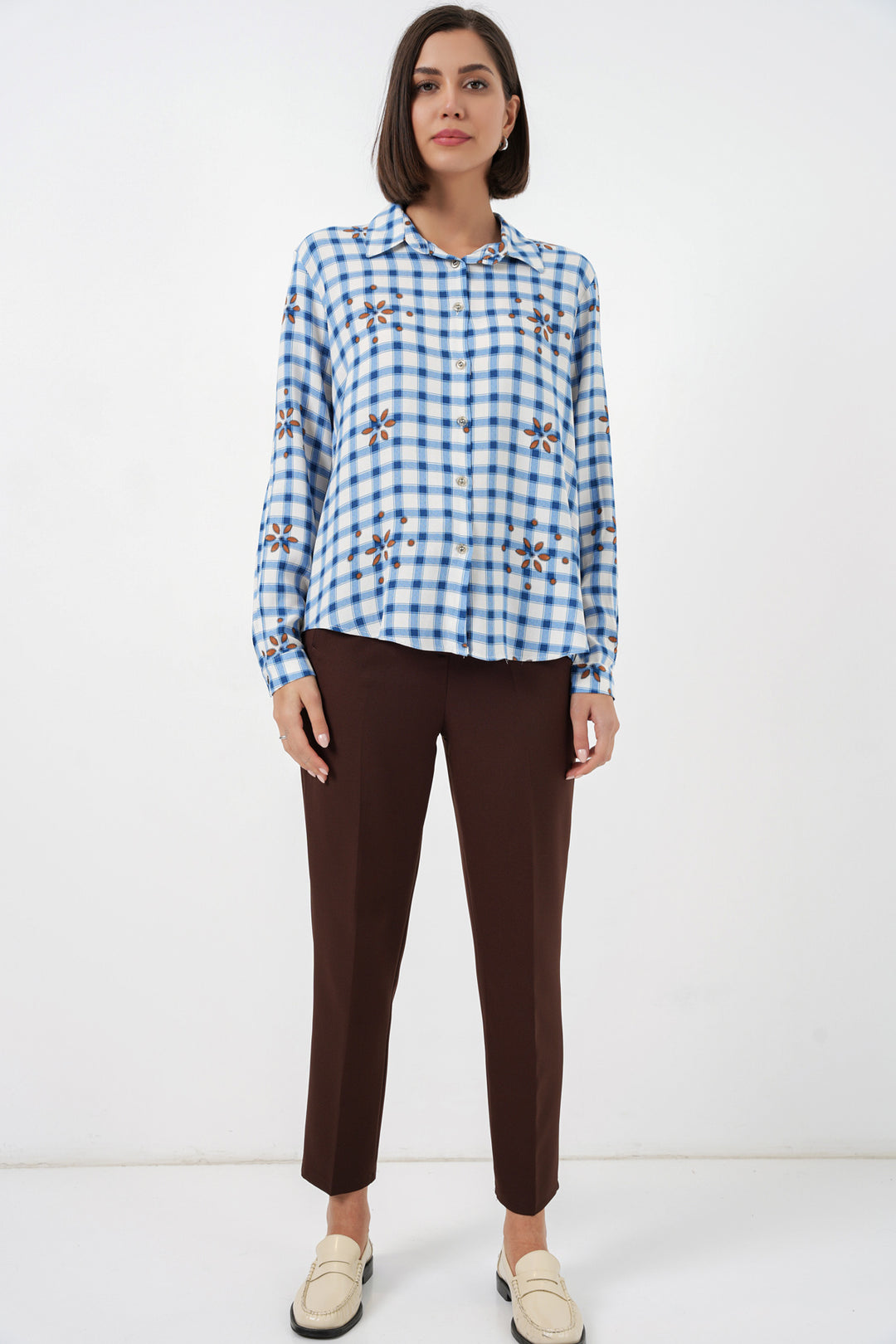 BGD Women Kadın Desenli Oversize Viskon Gömlek 20371 - Mavi - Kendall West