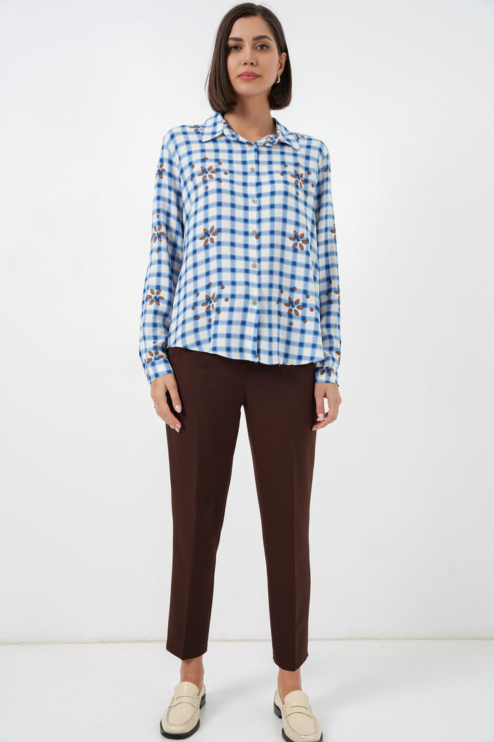 BGD Women Kadın Desenli Oversize Viskon Gömlek 20371 - Mavi - Kendall West