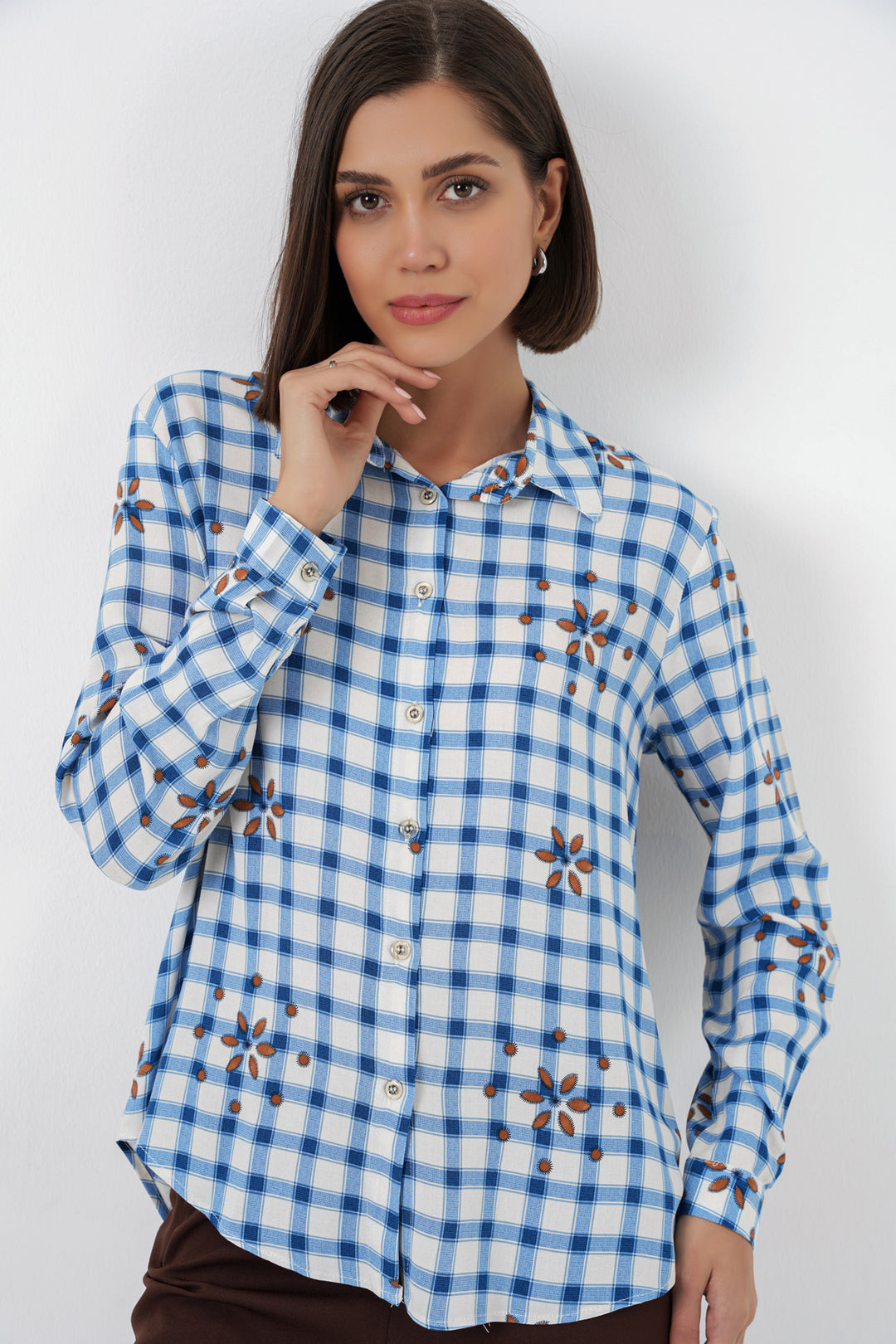 BGD Women Kadın Desenli Oversize Viskon Gömlek 20371 - Mavi - Kendall West