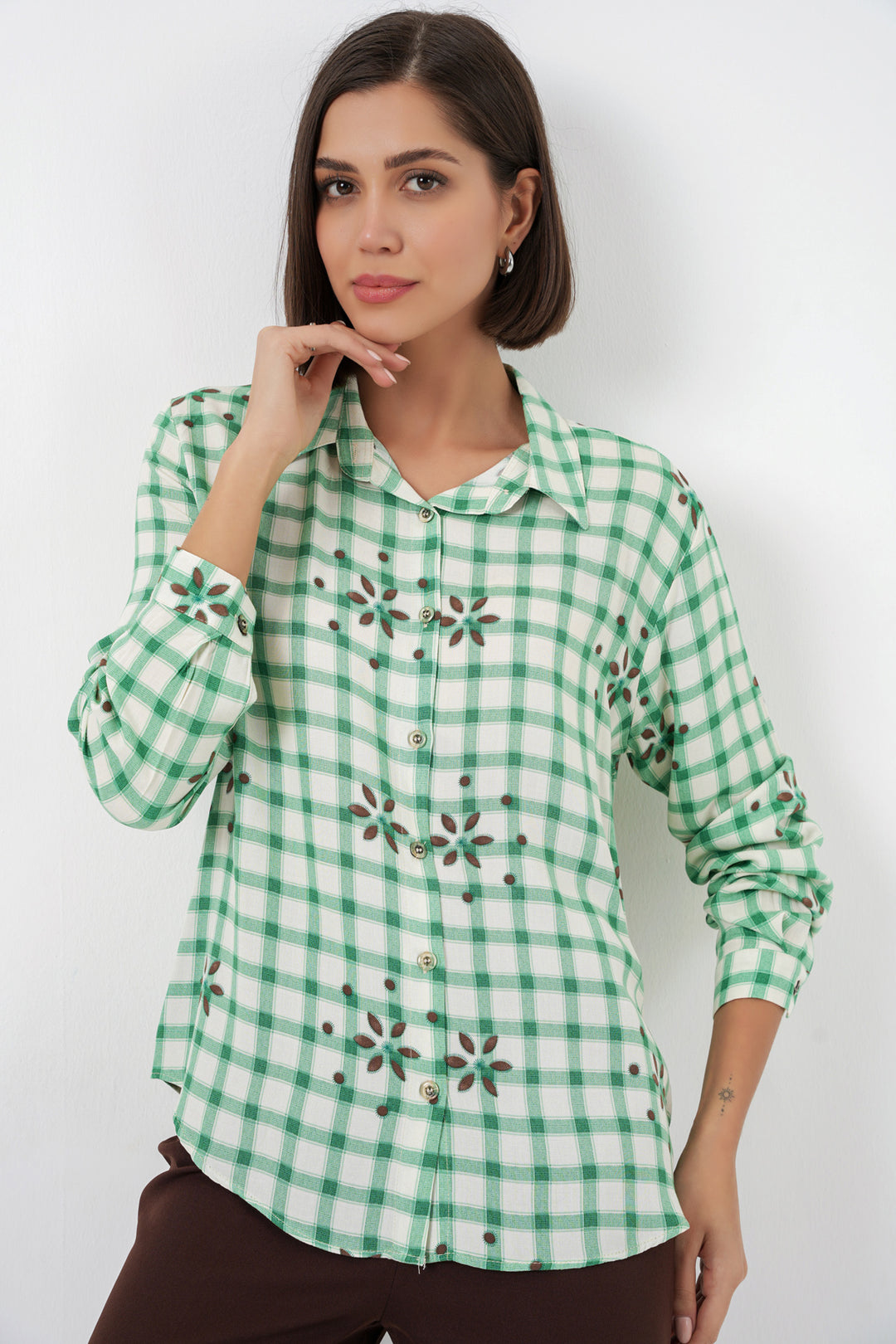 BGD Women Kadın Desenli Oversize Viskon Gömlek 20371 - Yeşil - Antony