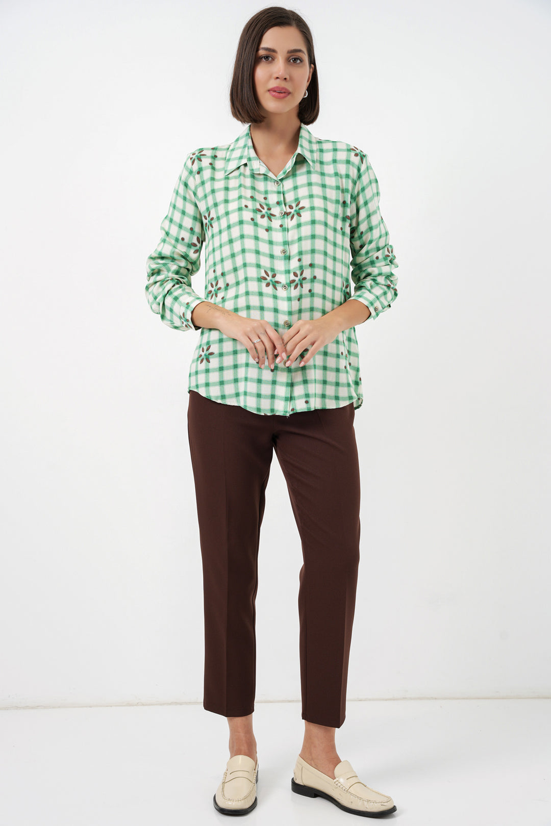 BGD Women Kadın Desenli Oversize Viskon Gömlek 20371 - Yeşil - Antony