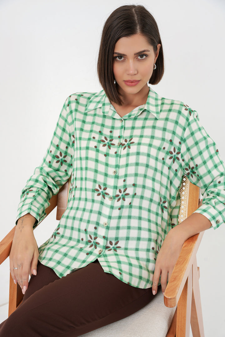BGD Women Kadın Desenli Oversize Viskon Gömlek 20371 - Yeşil - Antony