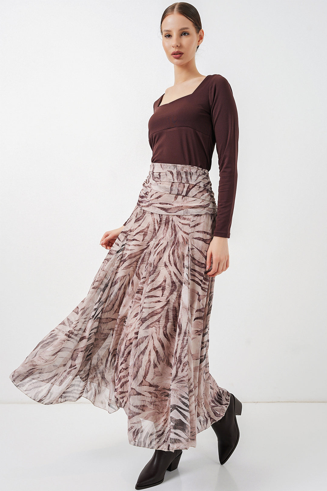 BGD Women Kadın Desenli Şifon Etek 8057 - Ekru - Hildesheim