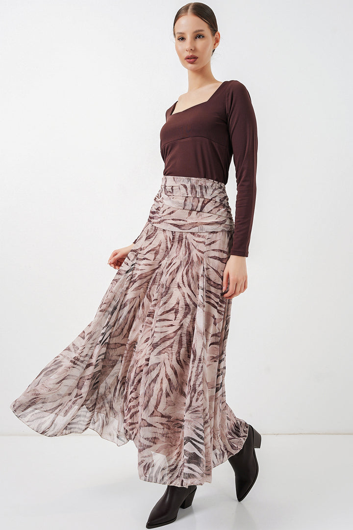 BGD Women Kadın Desenli Şifon Etek 8057 - Ekru - Hildesheim