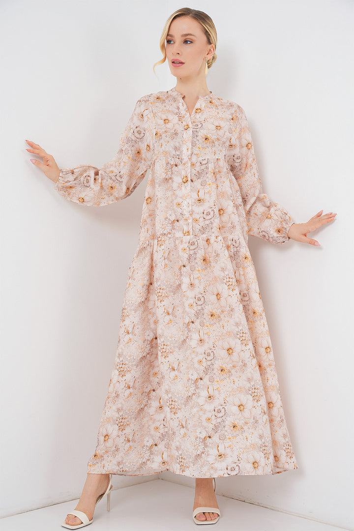 BGD Women Woman Patterned Hijab Dress 2583 - Beige - Mandurah