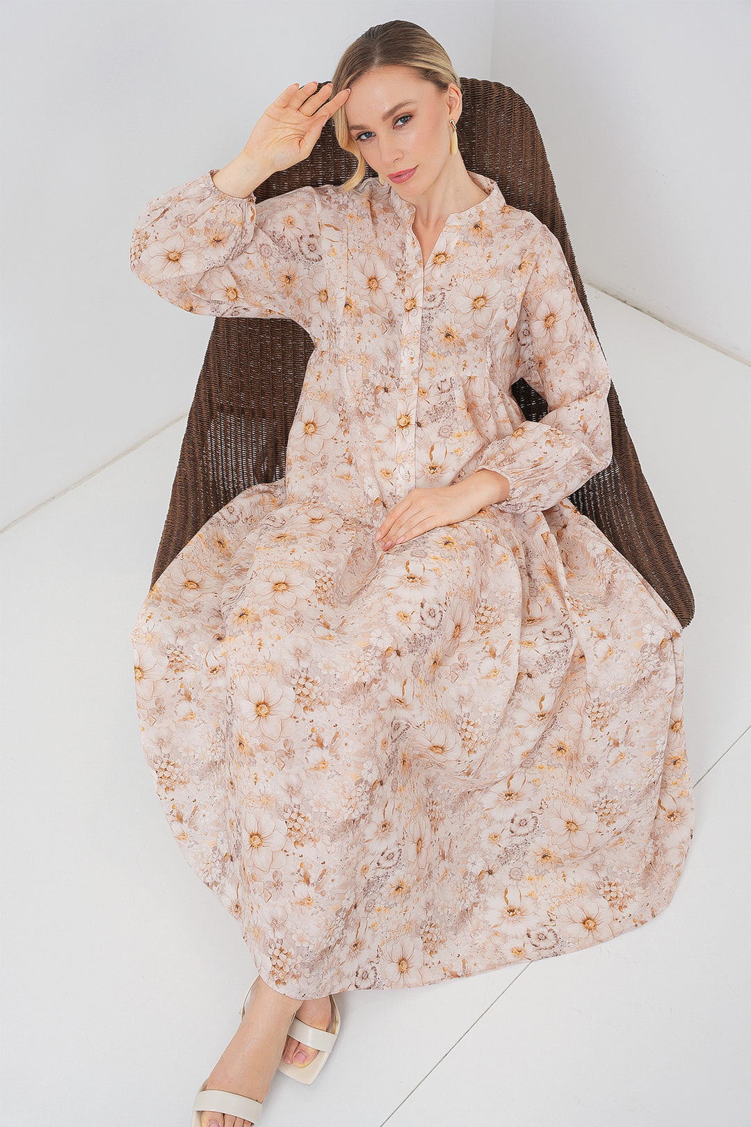 BGD Women Woman Patterned Hijab Dress 2583 - Beige - Mandurah
