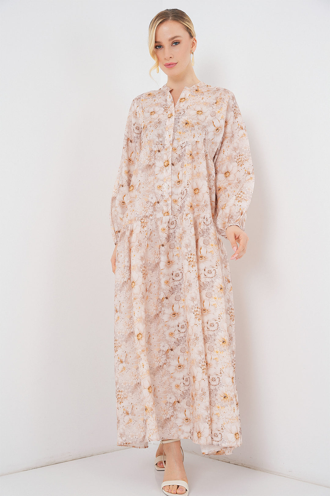 BGD Women Woman Patterned Hijab Dress 2583 - Beige - Mandurah
