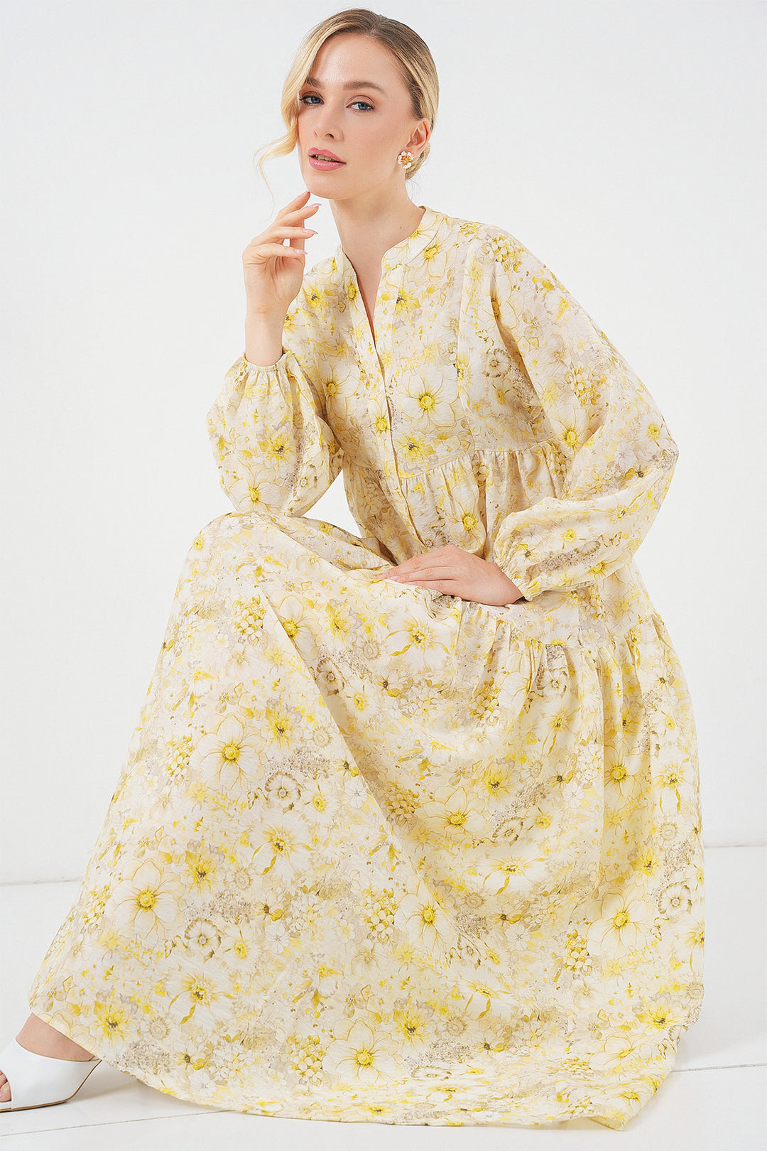 BGD Women Woman Patterned Hijab Dress 2583 - Yellow - Albacete