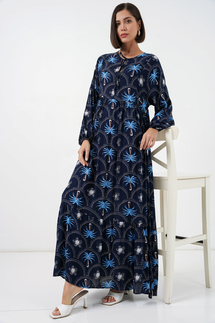 BGD Women Kadın Desenli Tesettür Elbise 2594 - Lacivert - Hyde