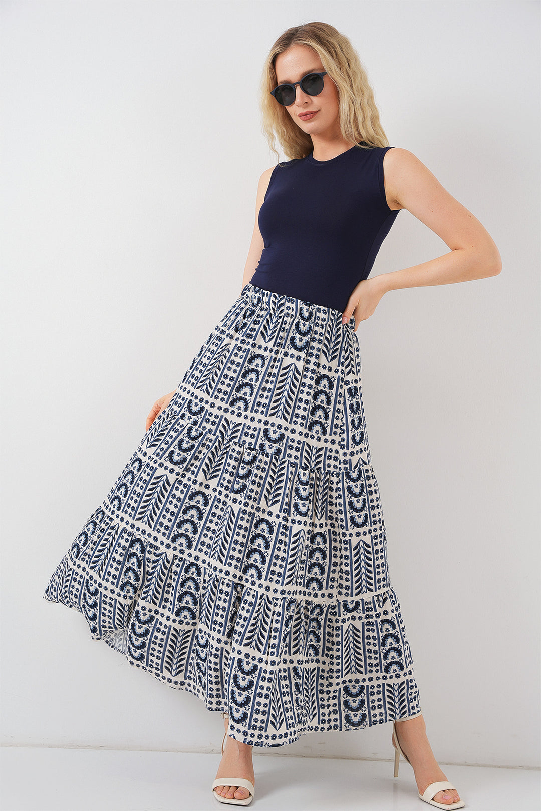 BGD Women Woman Patterned Long Skirt 8053 - Cream - Lake Stevens