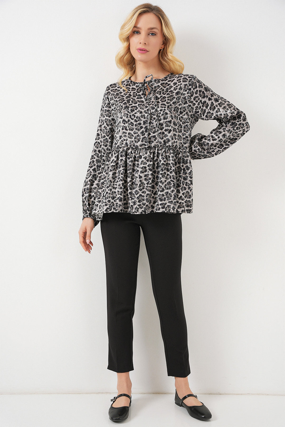 BGD Women Woman Patterned Long Sleeve Blouse 970 - Anthracite - Baltimore