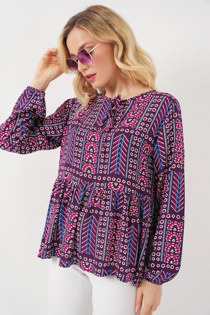 BGD Women Woman Patterned Long Sleeve Blouse 970 - Burgundy - Adeje
