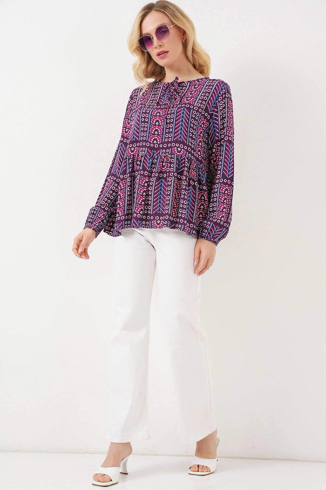 BGD Women Woman Patterned Long Sleeve Blouse 970 - Burgundy - Adeje