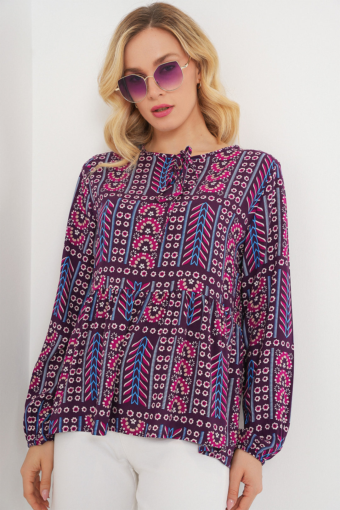 BGD Women Woman Patterned Long Sleeve Blouse 970 - Burgundy - Adeje