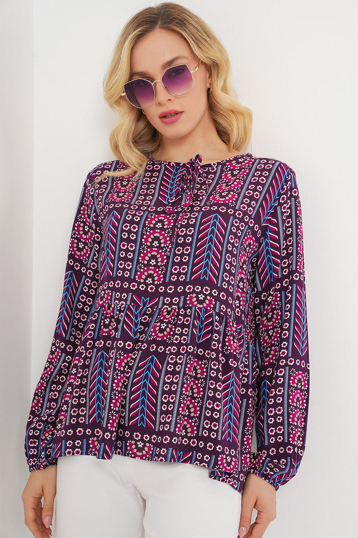 BGD Women Woman Patterned Long Sleeve Blouse 970 - Burgundy - Adeje