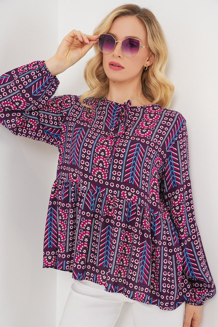 BGD Women Woman Patterned Long Sleeve Blouse 970 - Burgundy - Adeje