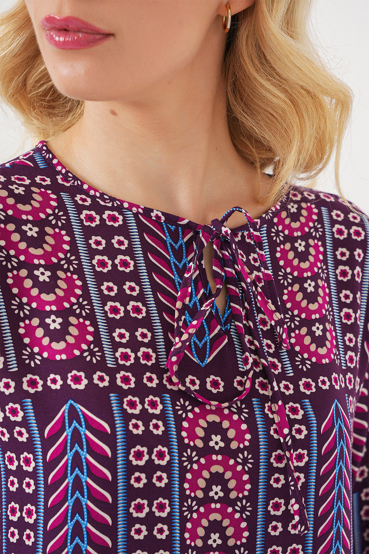 BGD Women Woman Patterned Long Sleeve Blouse 970 - Burgundy - Adeje