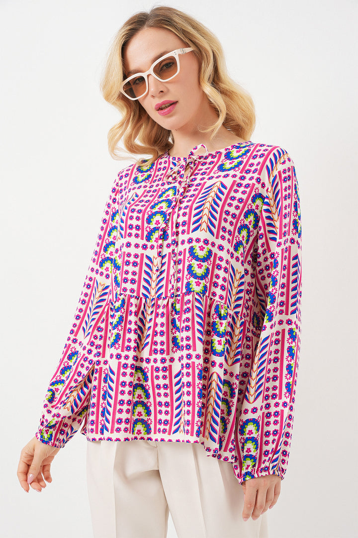 BGD Women Woman Patterned Long Sleeve Blouse 970 - Fuchsia - Valley Stream