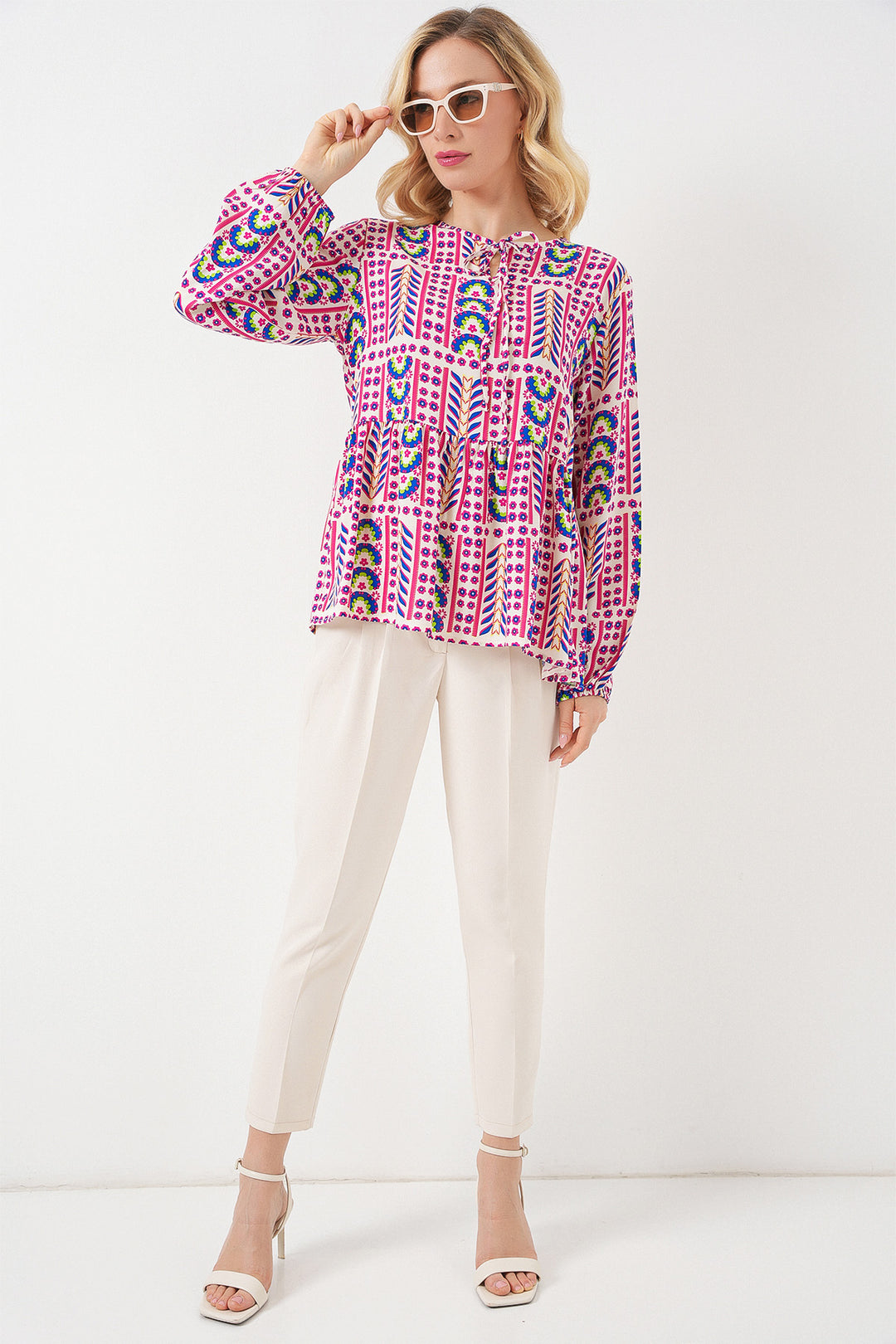 BGD Women Woman Patterned Long Sleeve Blouse 970 - Fuchsia - Valley Stream