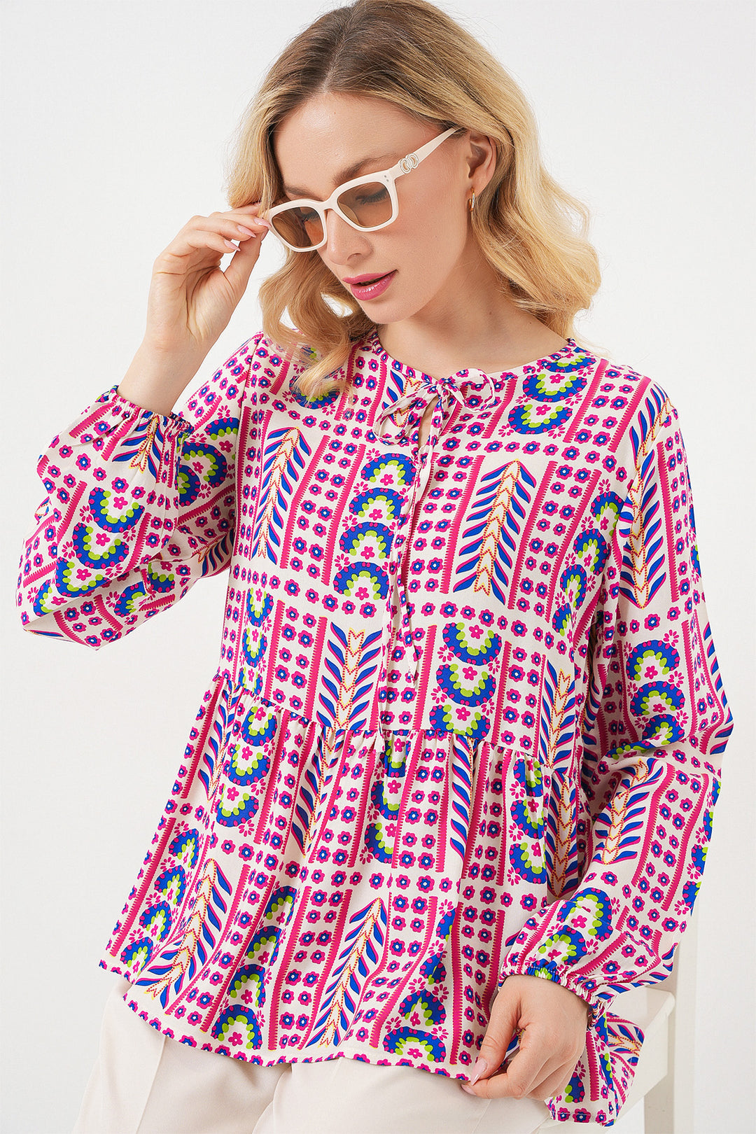 BGD Women Woman Patterned Long Sleeve Blouse 970 - Fuchsia - Valley Stream