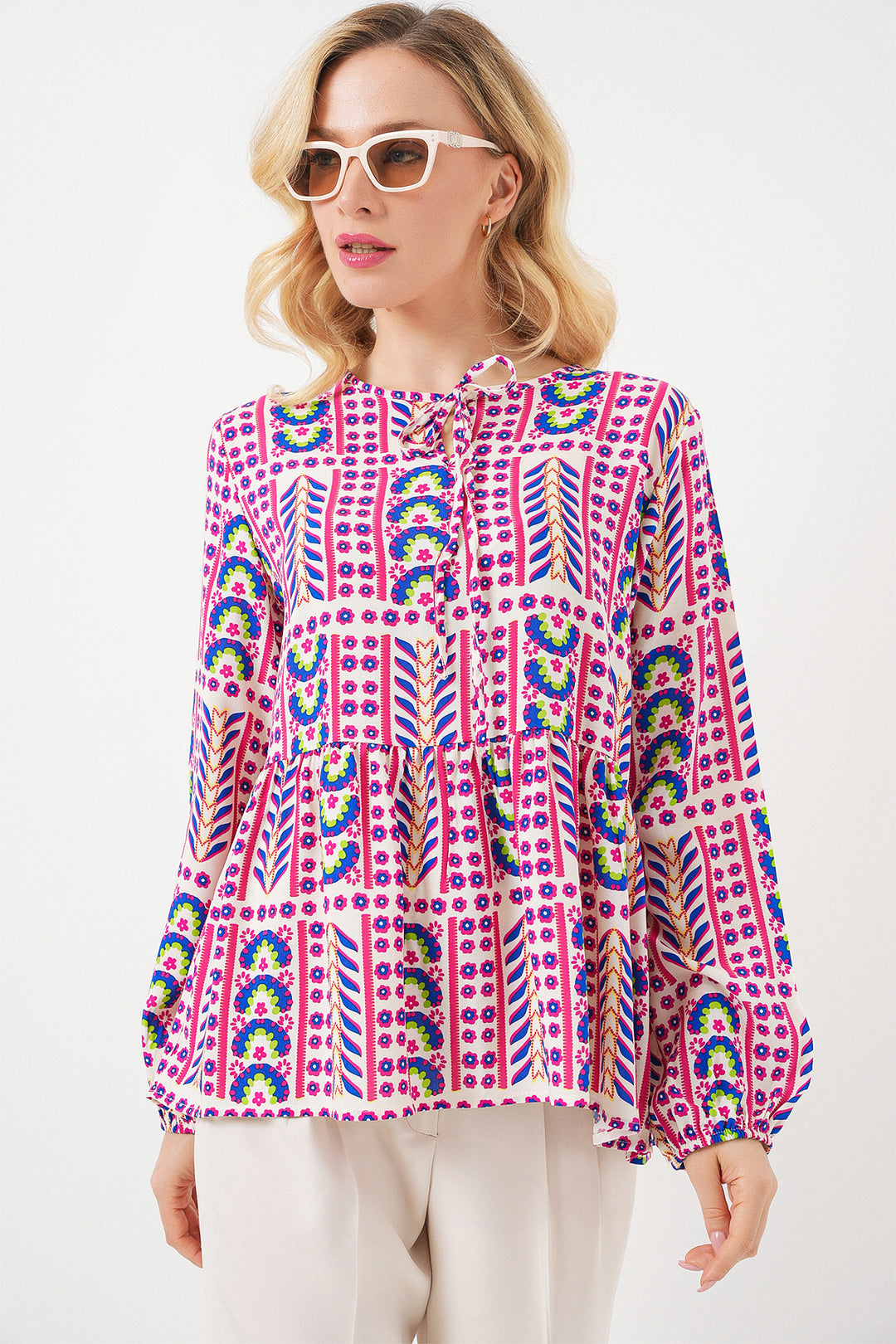 BGD Women Woman Patterned Long Sleeve Blouse 970 - Fuchsia - Valley Stream