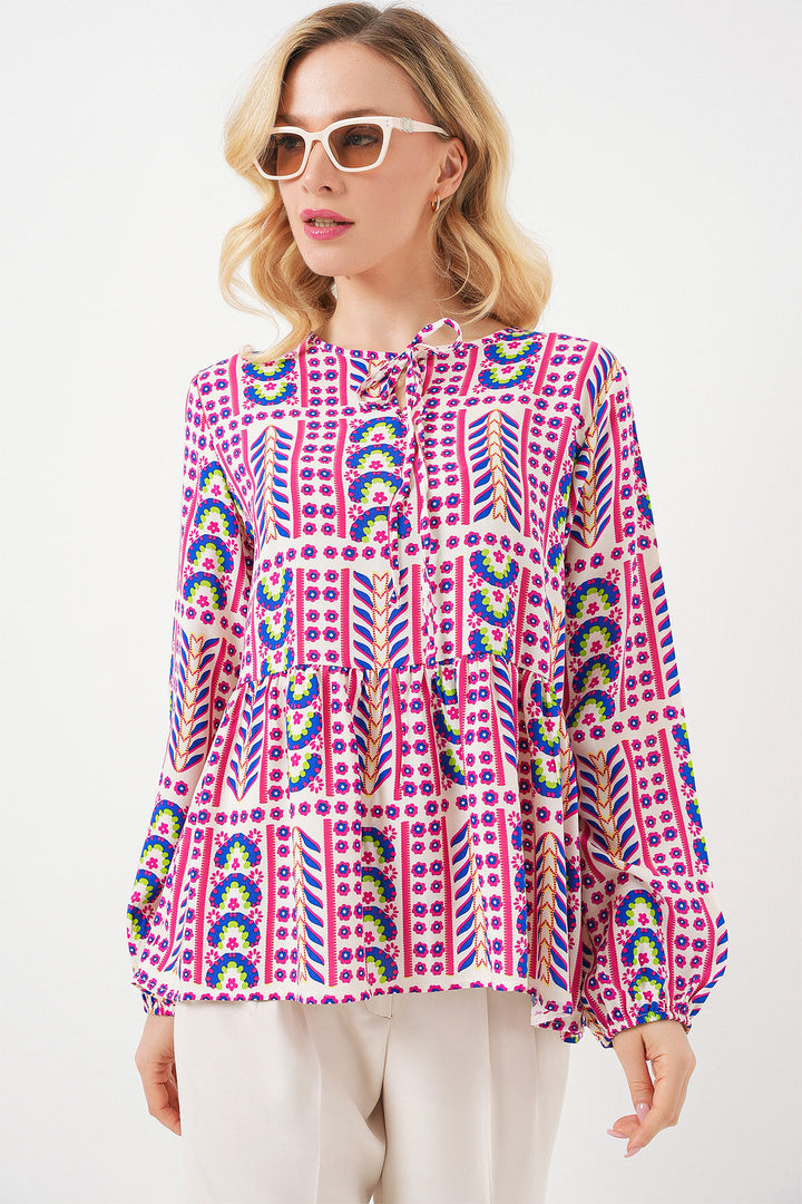 BGD Women Woman Patterned Long Sleeve Blouse 970 - Fuchsia - Valley Stream