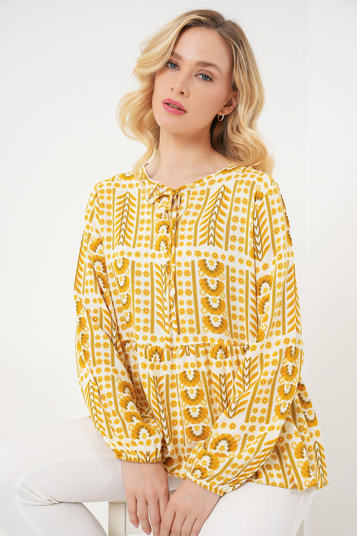 BGD Women Woman Patterned Long Sleeve Blouse 970 - Yellow - Erding