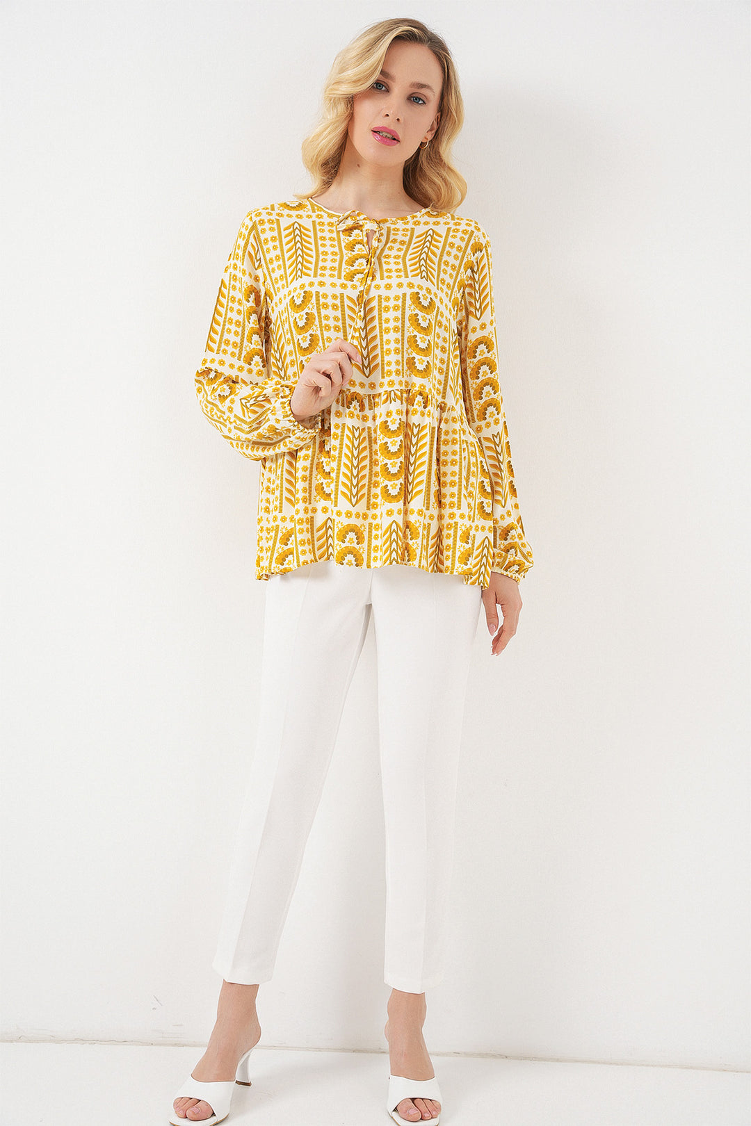 BGD Women Woman Patterned Long Sleeve Blouse 970 - Yellow - Erding