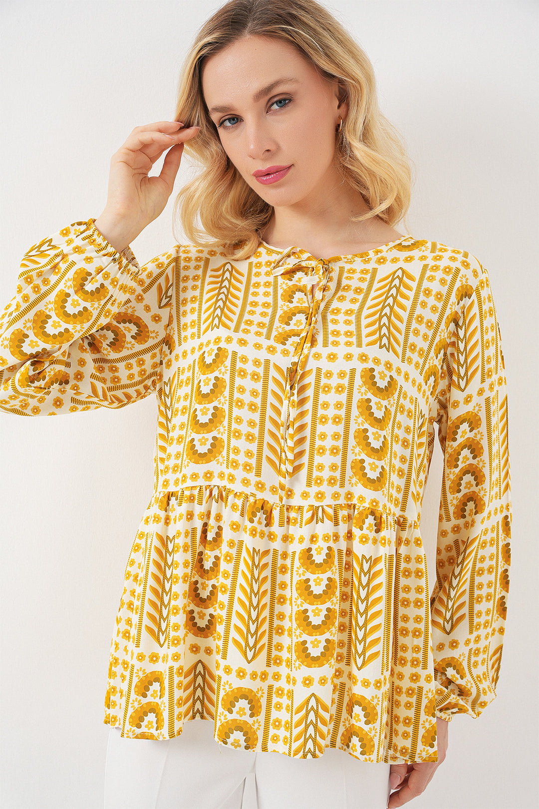 BGD Women Woman Patterned Long Sleeve Blouse 970 - Yellow - Erding