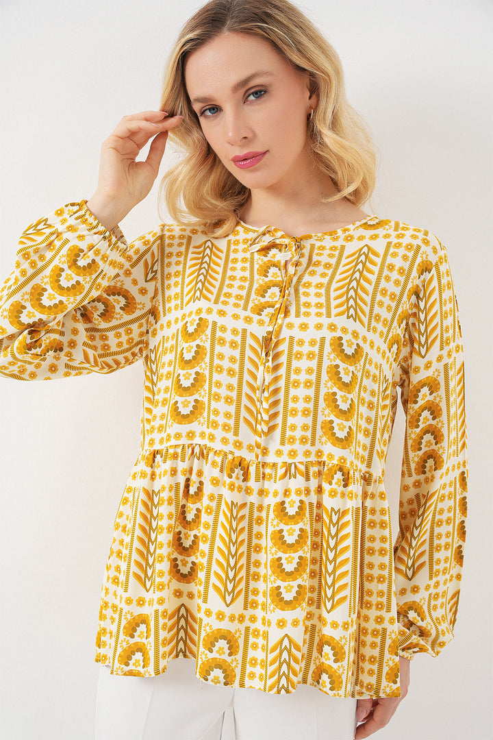 BGD Women Woman Patterned Long Sleeve Blouse 970 - Yellow - Erding