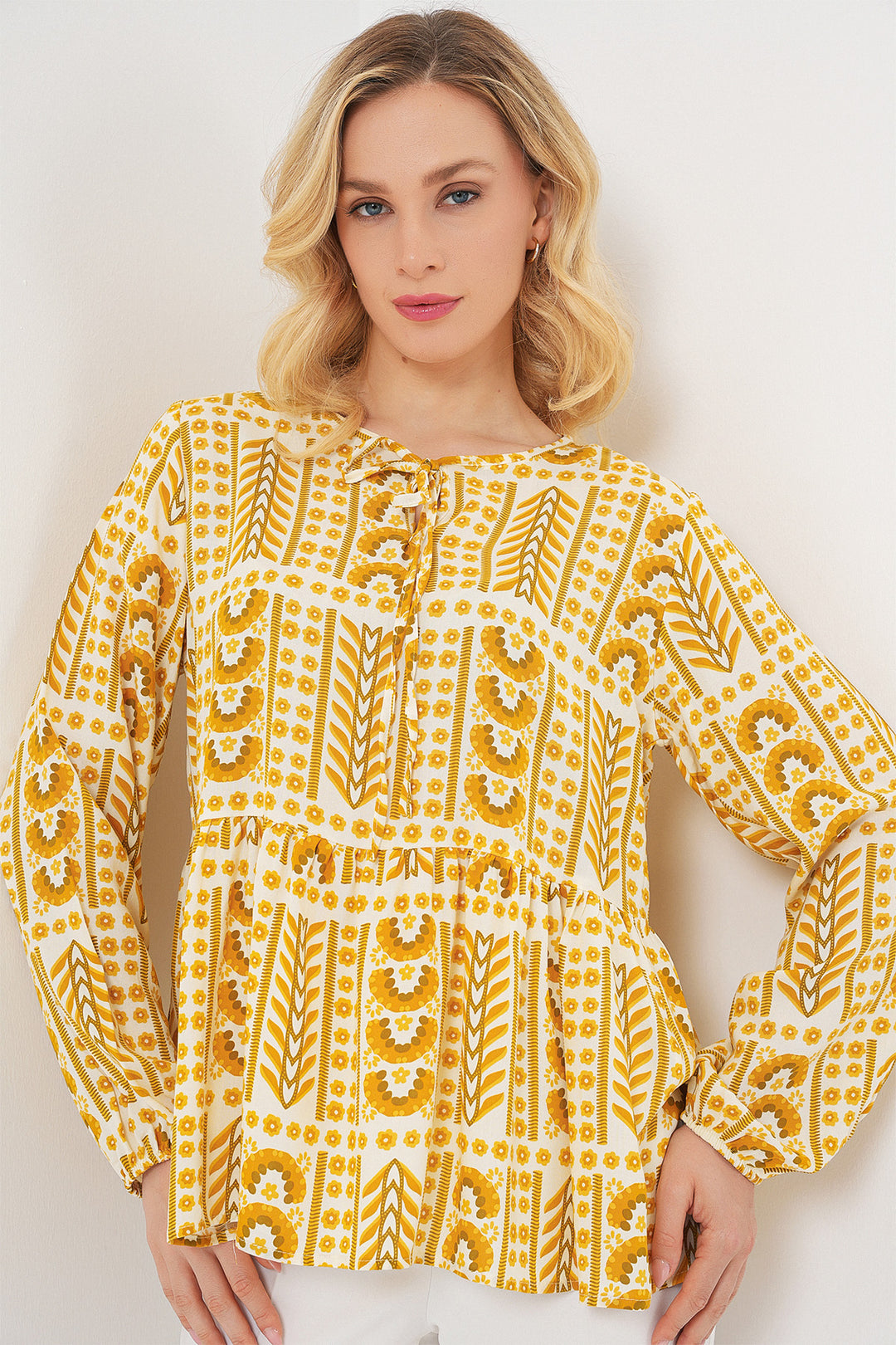 BGD Women Woman Patterned Long Sleeve Blouse 970 - Yellow - Erding