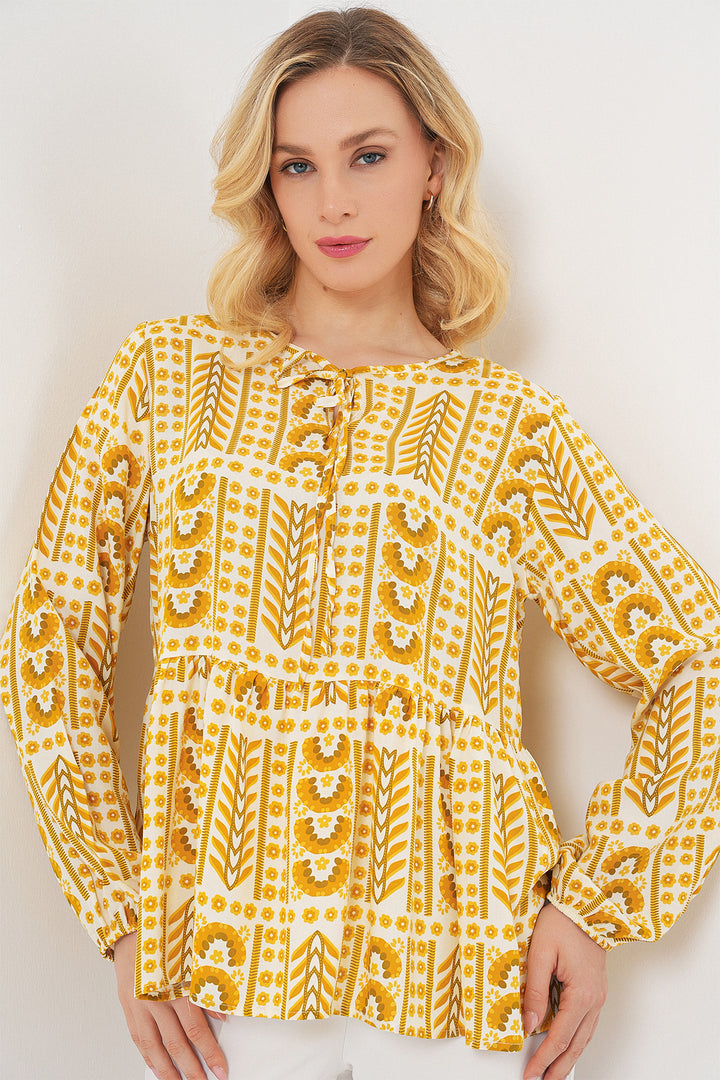 BGD Women Woman Patterned Long Sleeve Blouse 970 - Yellow - Erding