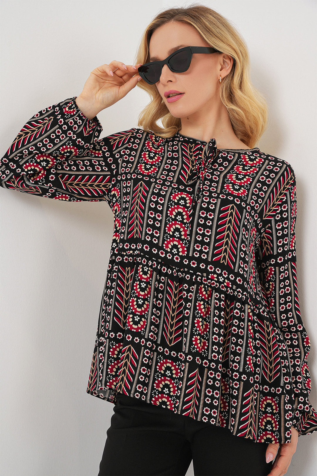 BGD Women Woman Patterned Long Sleeve Blouse 970 - Black - Las Rozas de Madrid