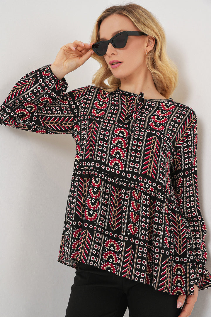 BGD Women Woman Patterned Long Sleeve Blouse 970 - Black - Las Rozas de Madrid