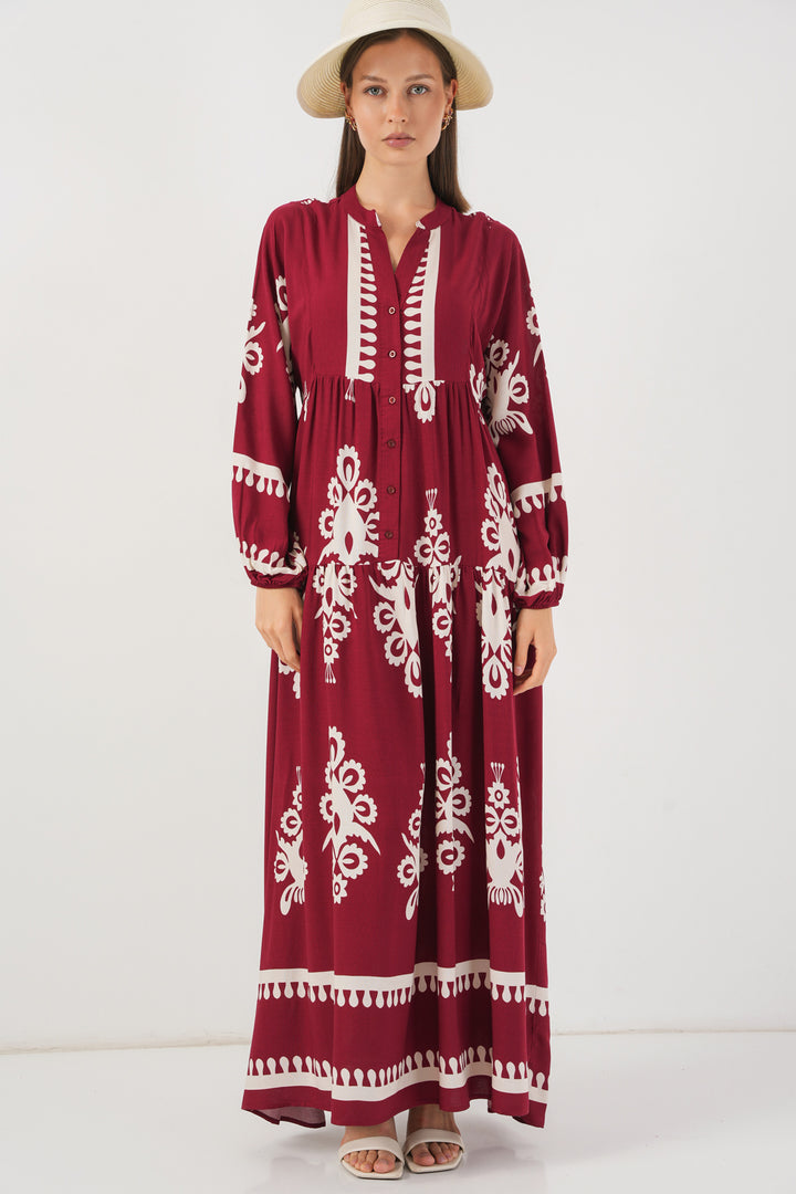 BGD Women Woman Patterned Long Hijab Dress 2585 - A.Burgundy - Provo