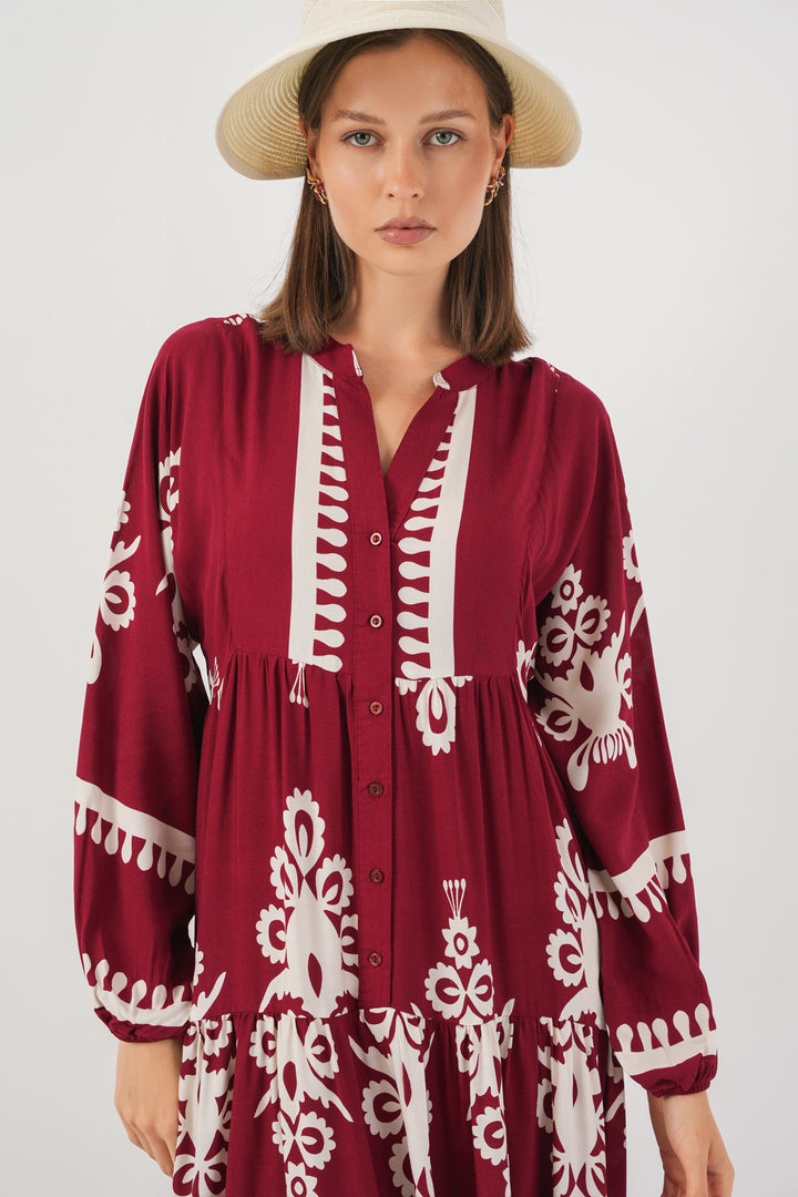 BGD Women Woman Patterned Long Hijab Dress 2585 - A.Burgundy - Provo