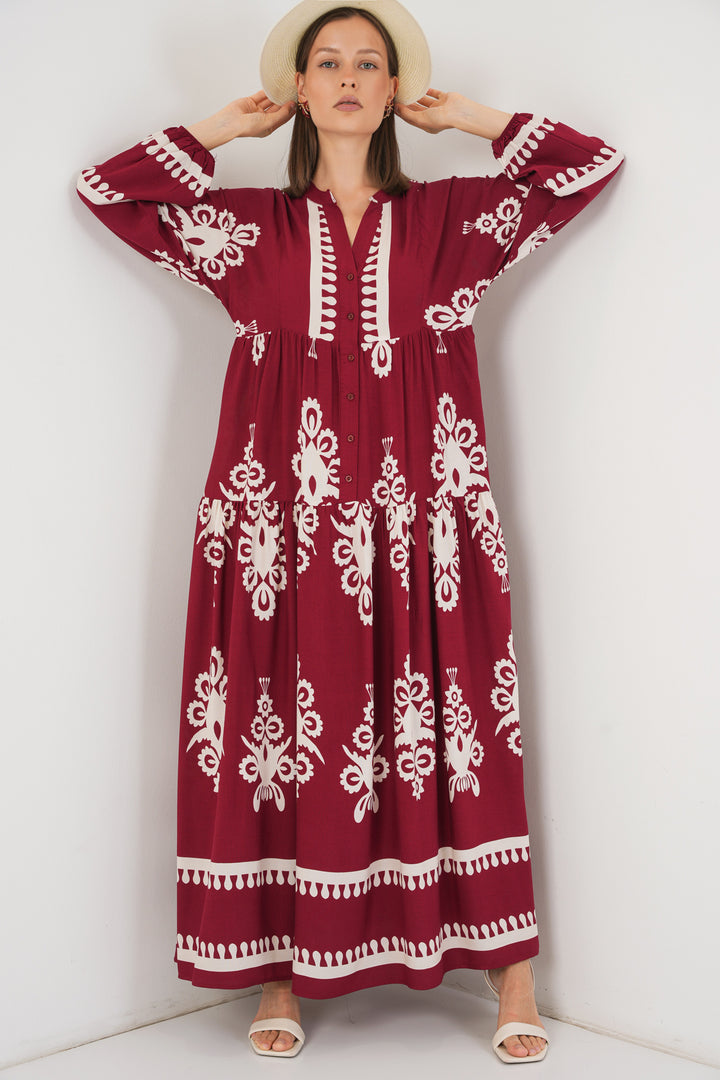 BGD Women Woman Patterned Long Hijab Dress 2585 - A.Burgundy - Provo