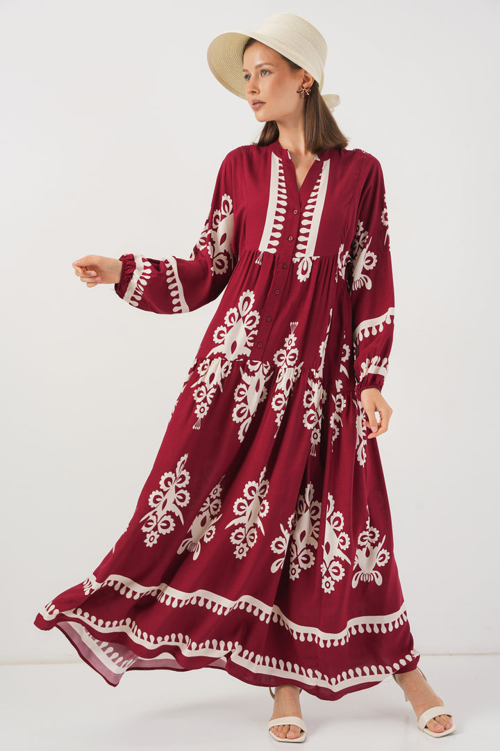 BGD Women Woman Patterned Long Hijab Dress 2585 - A.Burgundy - Provo