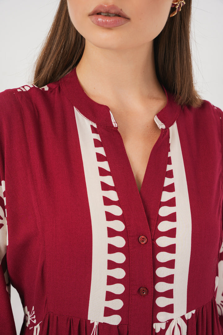 BGD Women Woman Patterned Long Hijab Dress 2585 - A.Burgundy - Provo