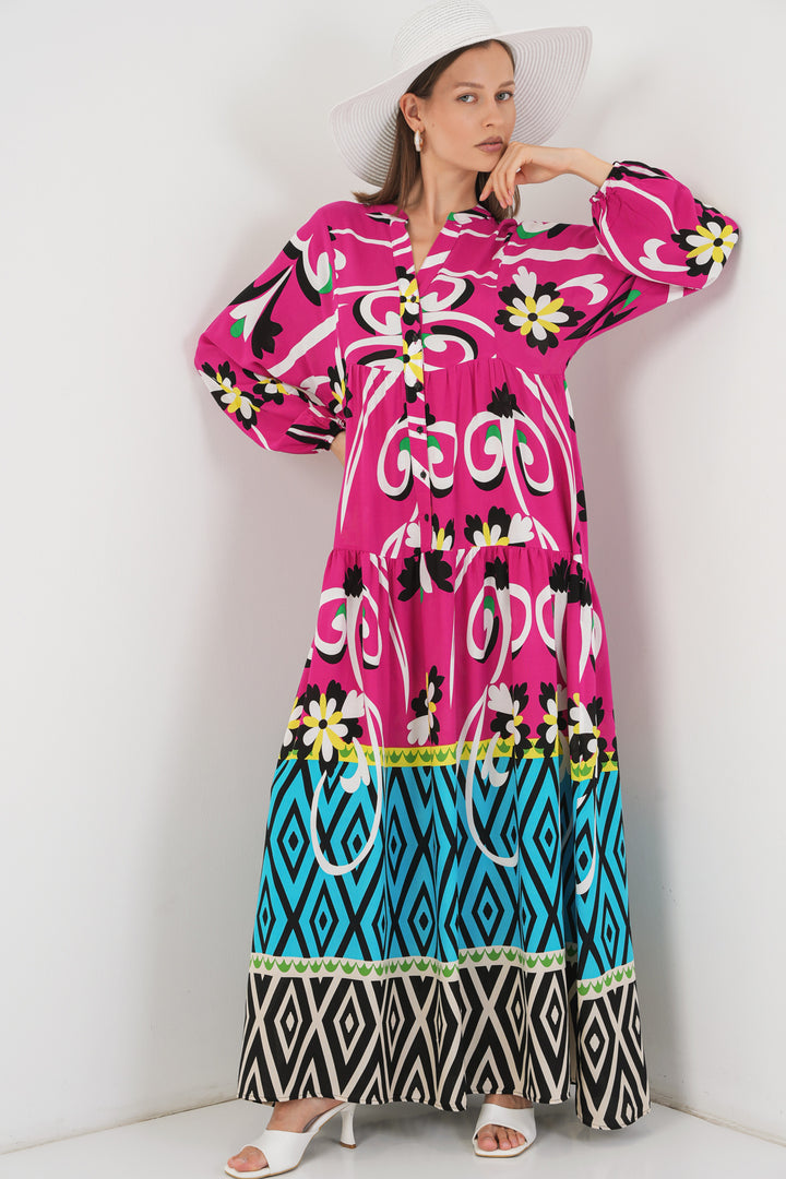 BGD Women Woman Patterned Long Hijab Dress 2585 - A.Fuchsia - Lucena