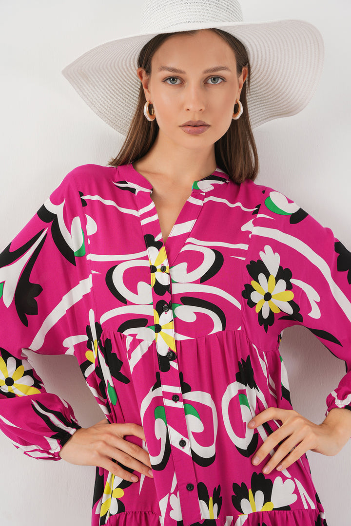 BGD Women Woman Patterned Long Hijab Dress 2585 - A.Fuchsia - Lucena