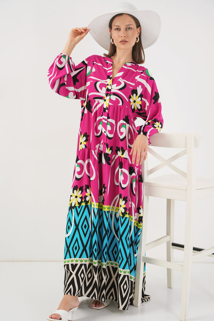 BGD Women Woman Patterned Long Hijab Dress 2585 - A.Fuchsia - Lucena