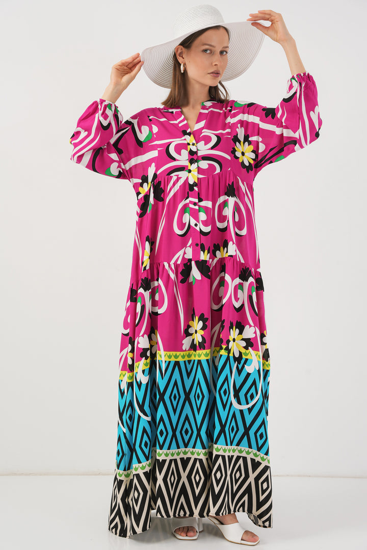 BGD Women Woman Patterned Long Hijab Dress 2585 - A.Fuchsia - Lucena