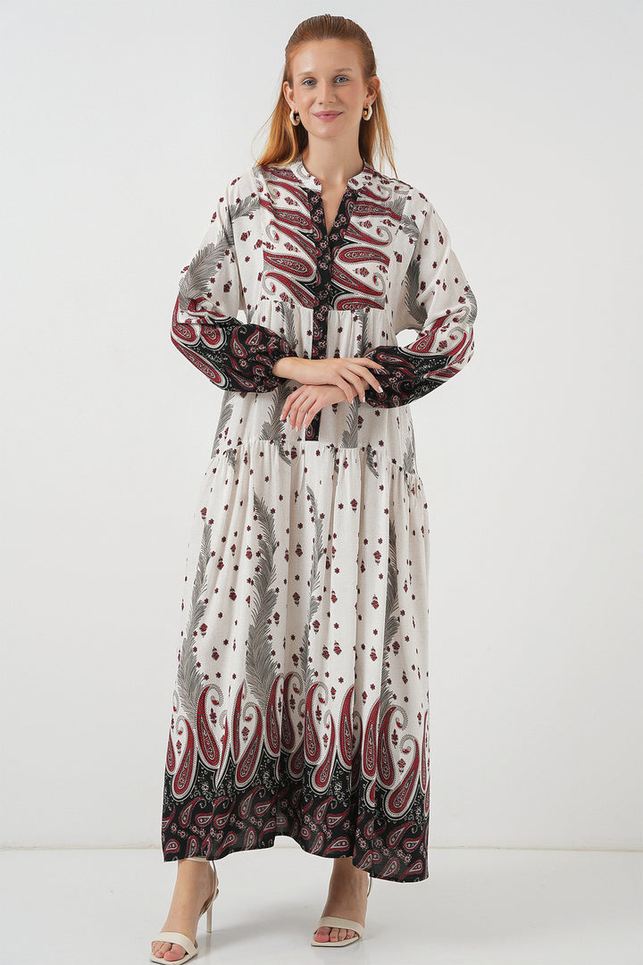 BGD Women Woman Patterned Long Hijab Dress 2585 - Burgundy - Andover