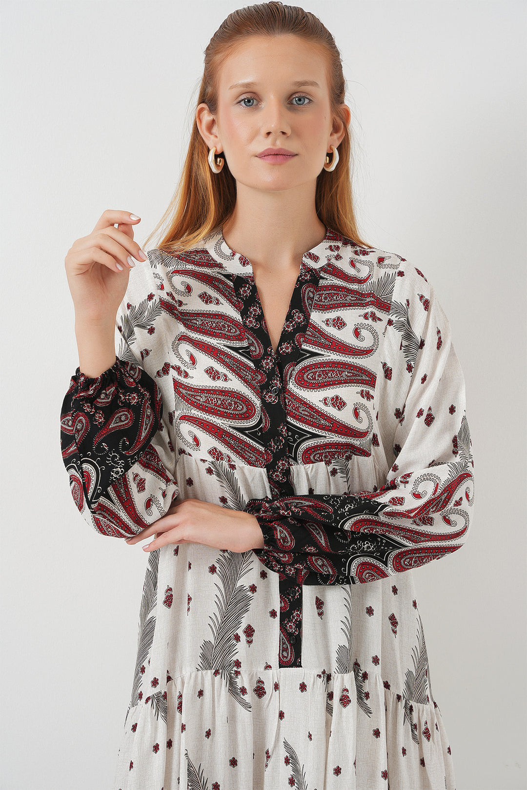 BGD Women Woman Patterned Long Hijab Dress 2585 - Burgundy - Andover