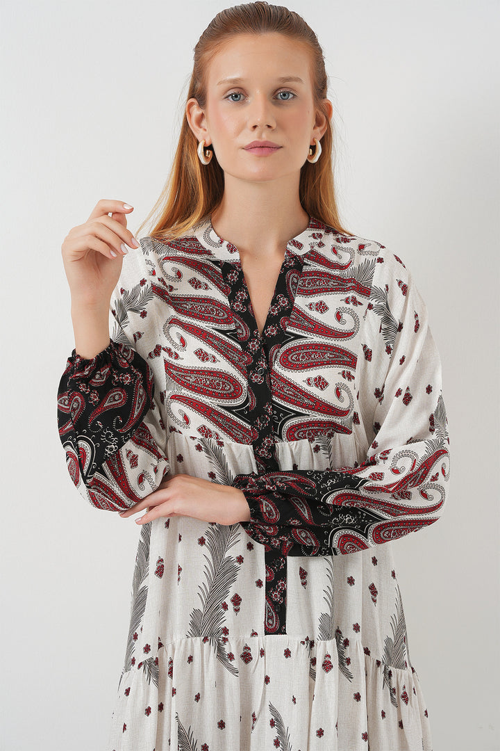 BGD Women Woman Patterned Long Hijab Dress 2585 - Burgundy - Andover