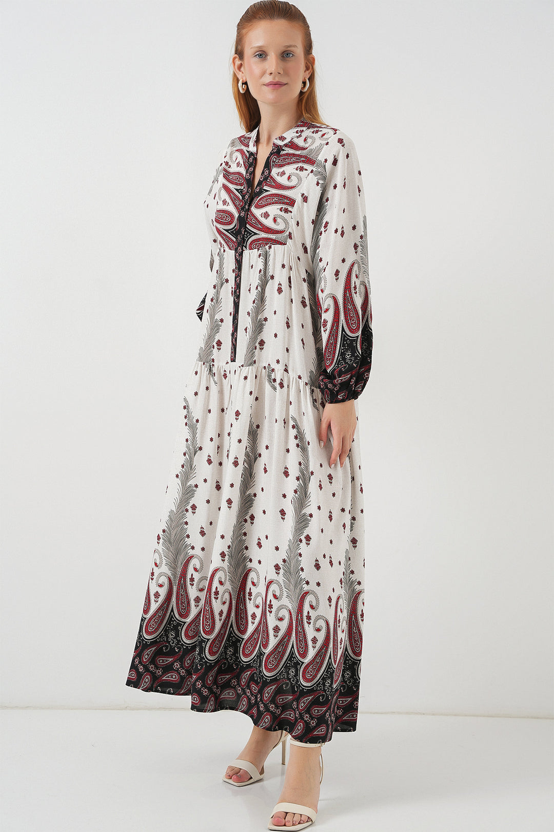 BGD Women Woman Patterned Long Hijab Dress 2585 - Burgundy - Andover