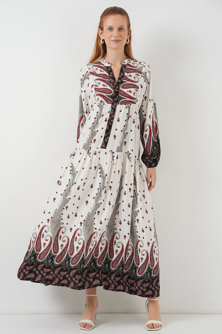 BGD Women Woman Patterned Long Hijab Dress 2585 - Burgundy - Andover